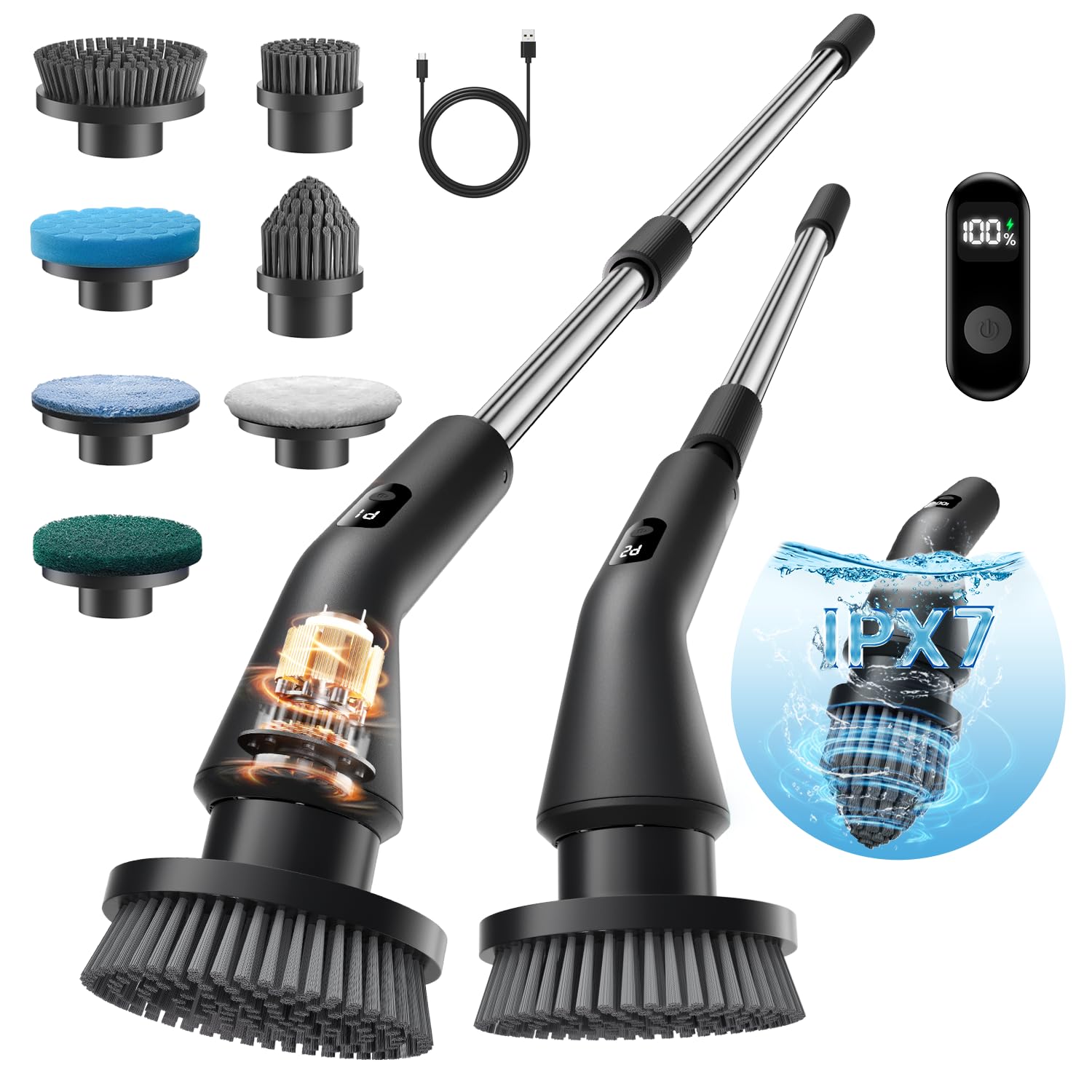 Electric Spin Scrubber, Cordless Cleaning Brush Scrubber for Home, IPX7 Waterproof Power Scrubber with 7 Brush Heads, 3 Adjustable Size and 2 Rotating Speeds for Bathroom Shower Bathtub Glass Car