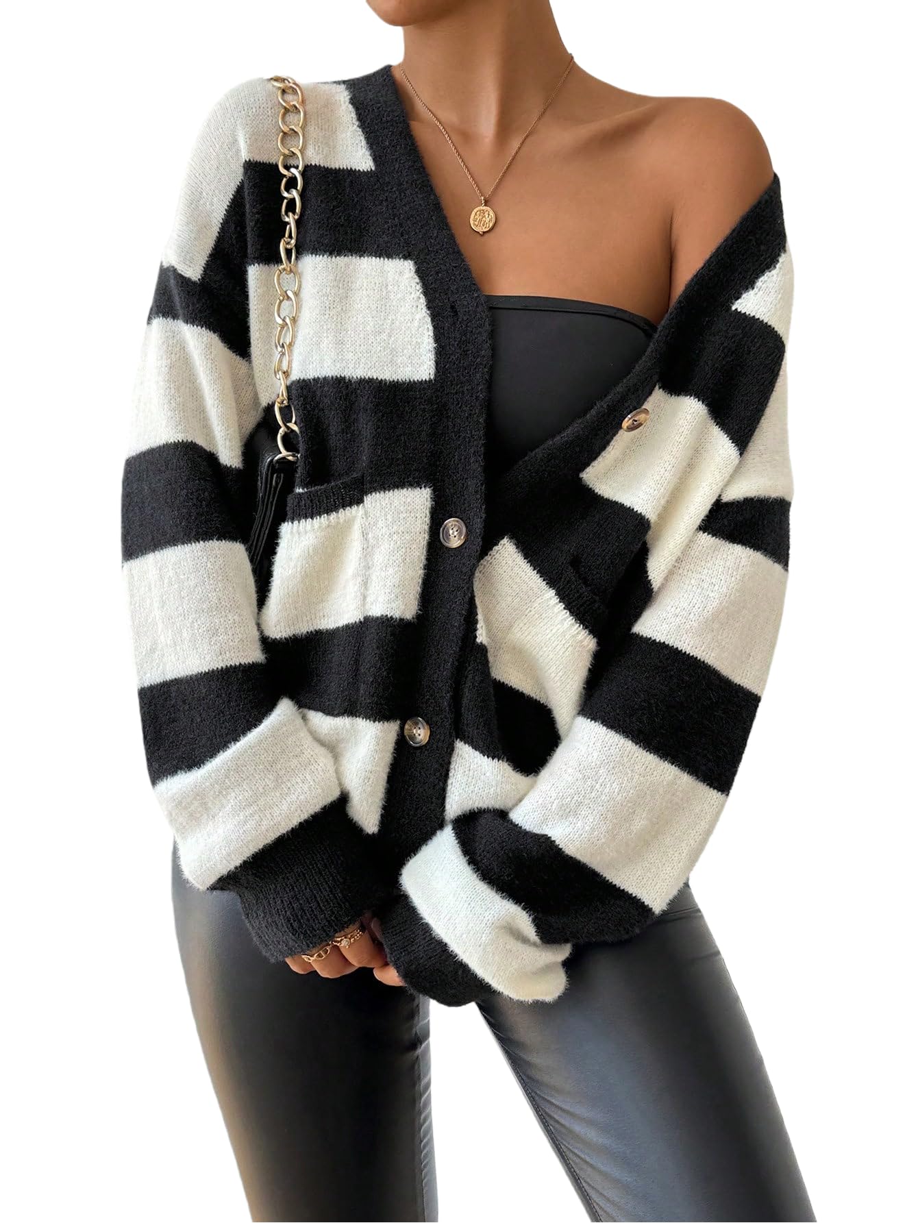 Button Up Cardigans for Women Chunky Knit Striped Long Sleeve Cardigan with Pockets Dressy Casual