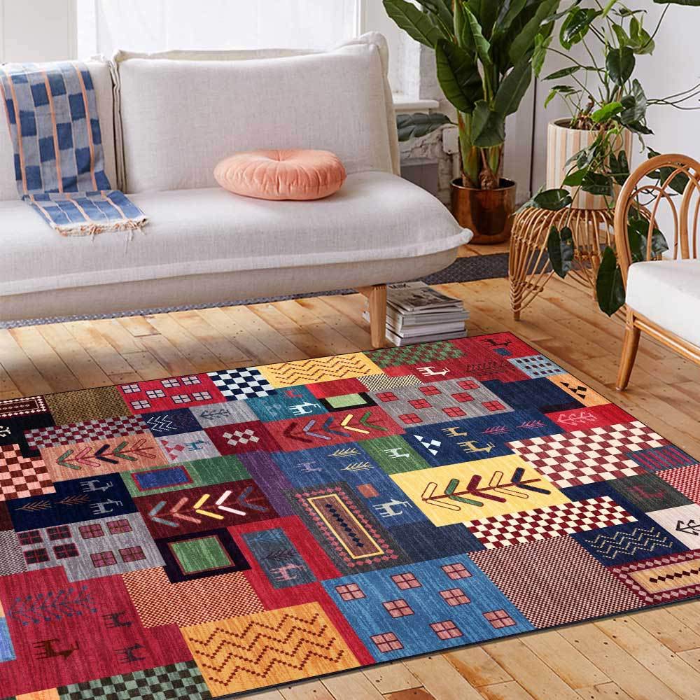 Design Teppich rutschfest waschbarer 120x160cm mehrfarbiges Patchwork Groß für Wohnzimmer, Schlafzimmer, Kinderzimme