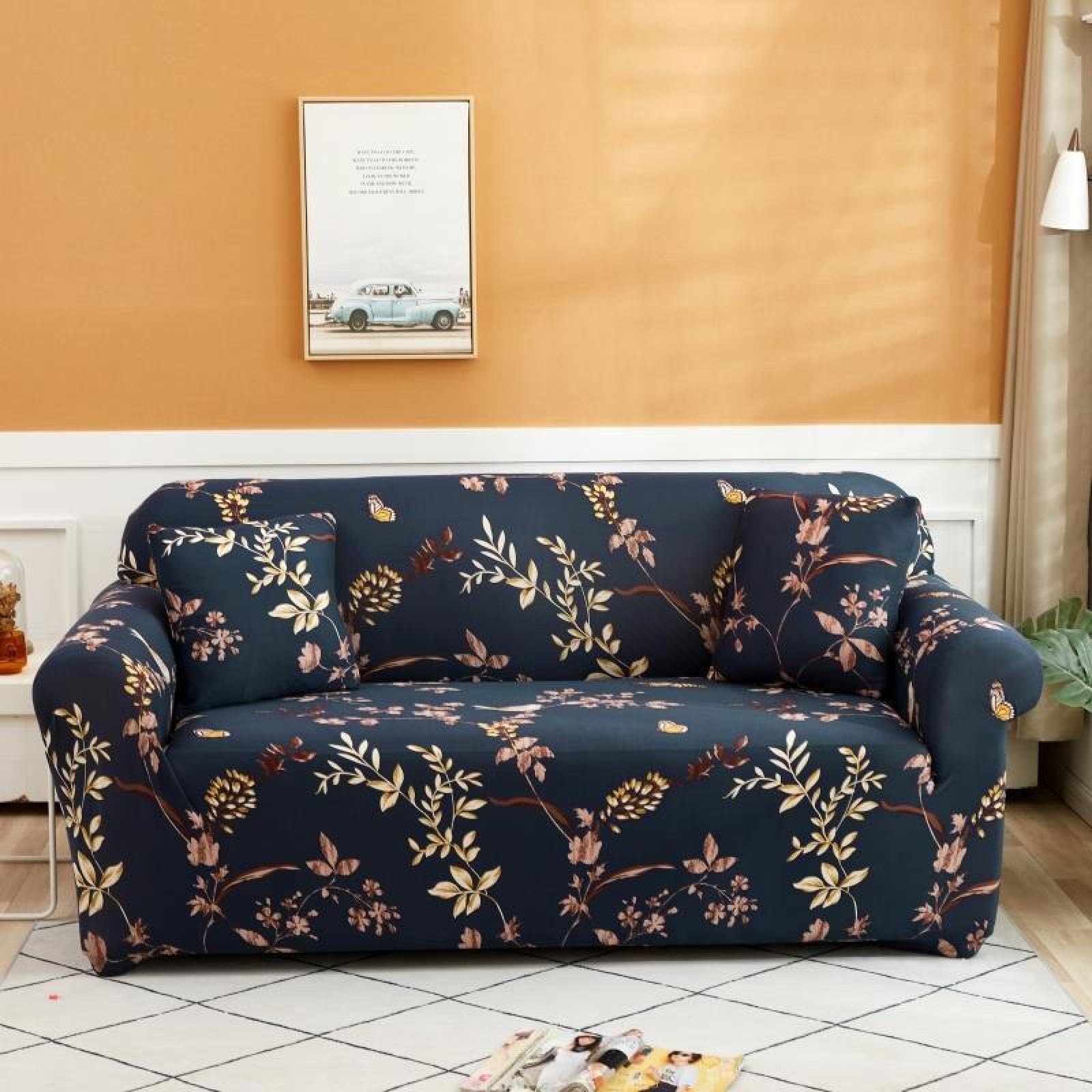 2 Seater Sofa Cover Blue Yellow Leaves Stretch Sofa Covers Spandex Settee Covers 2 Seater Washable Sofa Protectors from Pets Non Slip Covers for Sofas All Seasons Couch Cover with Elastic Strap