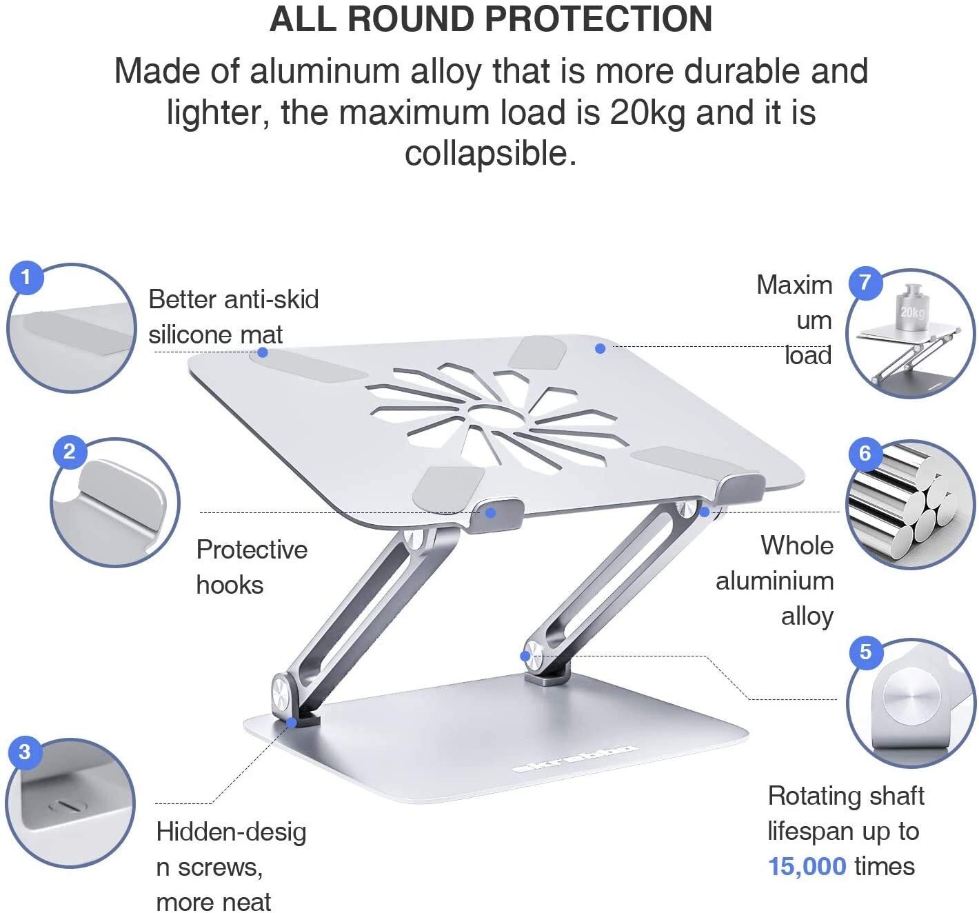 Supporto per laptop da scrivania Supporto per laptop, supporto per laptop EPN con sfiato di calore per elevare il laptop, supporto per laptop da scrivania ergonomico regolabile con silicone a prova di
