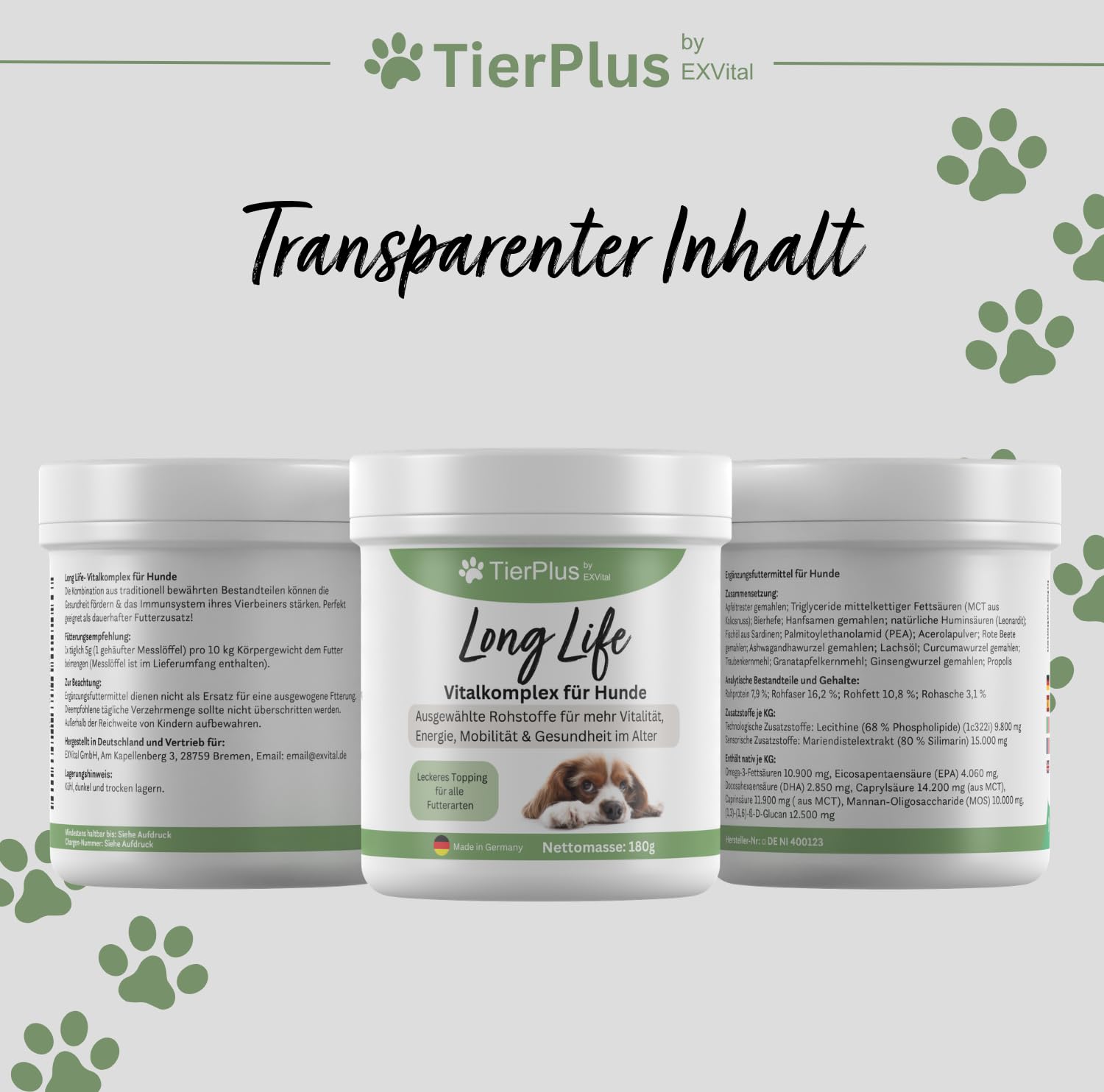 Long Life Vitalkomplex für Hunde -Gesundheit & Vitalität für Senior Hunde, mit Omega 3 Fettsäuren, Curcuma, Mariendistel, Propolis u.v.m, 180g pro Dose, leckeres Futtertopping