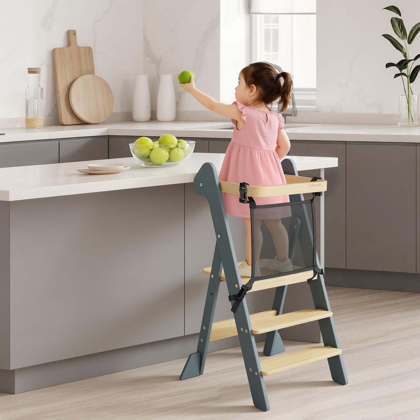 COSYLAND Lernturm ab 1 Jahr klappbar – iF Design Award Gewinner, höhenverstellbarer Lernturm mit Sicherheitsnetz, Montessori Learning Tower/Lernstuhl für Kinder, Holz (Schieferblau & Natur)