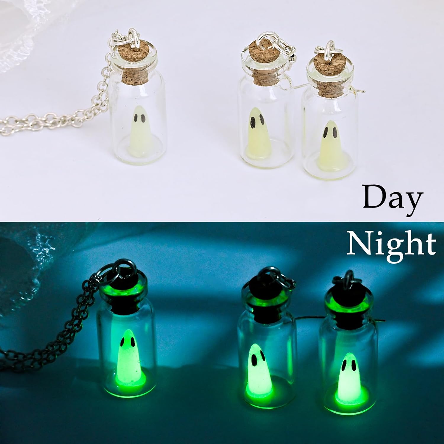 Ghost Earrings & Necklace, Adopt A Ghost In Vial Bottle Earrings Necklace, Glow In Dark Cute and Spooky Halloween Jewelry Set for Women and Men - Image 6