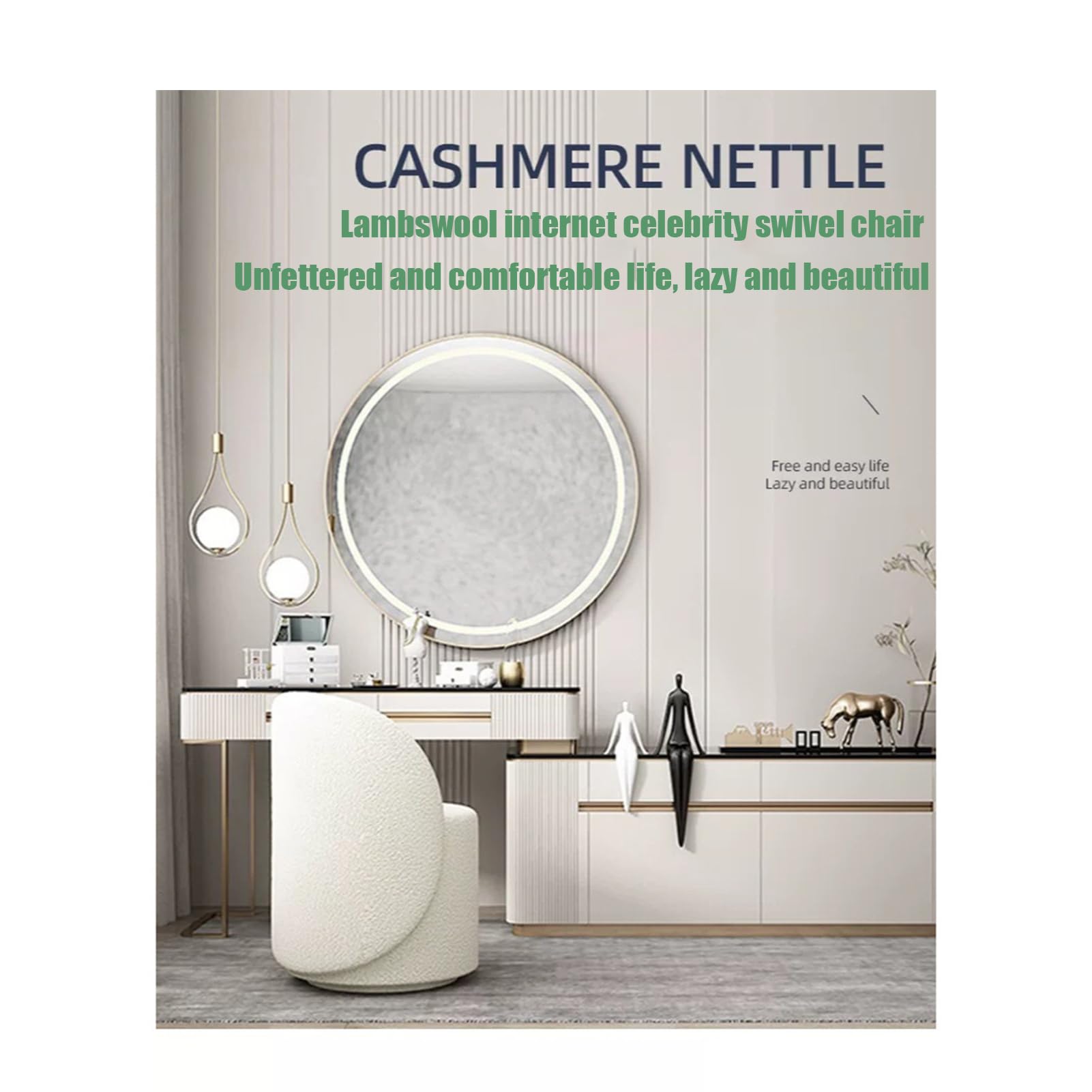 WANGTIAN Taburete de Lavabo para Maquillaje, Taburete Redondo de Cordero Blanco, Asiento de tocador de Terciopelo, Taburete de sofá Giratorio de 360°, Dormitorio, Sala de Estar, Entrada, Oficina, Des