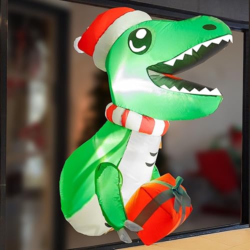 Miniatura 7 de Hourleey Dinosaurio inflable de ventana de Navidad de 3.5 pies, inflable que se rompe de la ventana con LED integrado para fiesta de Navidad en