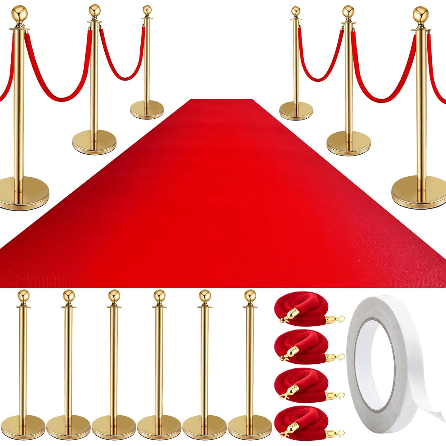 Pelopy Stanchion Posts Queue Crowd Control Stanchion Velvet Ropes Carpet Set, 38 in Post Sand Injection Hollow Base with Rope, Carpet for Party Museum(12 Pcs,Gold,26 ft Carpet) 26 ft Carpet Gold 12