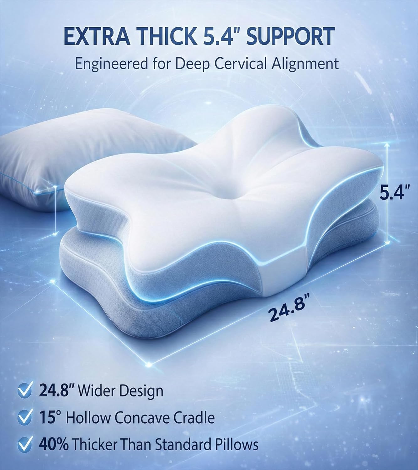 Extra Thick Cooling Cervical Neck Pillow for Side Sleepers, Ergonomic Contour Memory Foam Neck Pillow for Pain Relief, Designed for Back Sleeping, Recovery and Long Travel Comfort