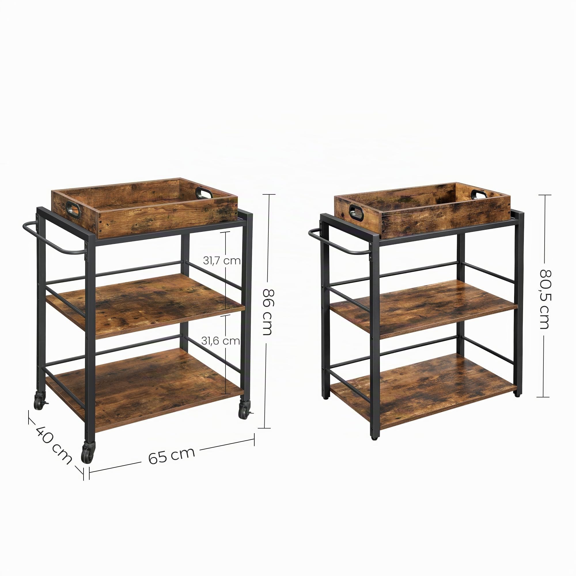 VASAGLE Desserte de Style Industriel, Chariot de Cuisine, avec Plateau Amovible, avec Pieds RÉglables et roulettes, ÉtagÈre, Cadre en Acier, 40 x 72 x 86 cm, Marron Rustique et Noir LRC72X