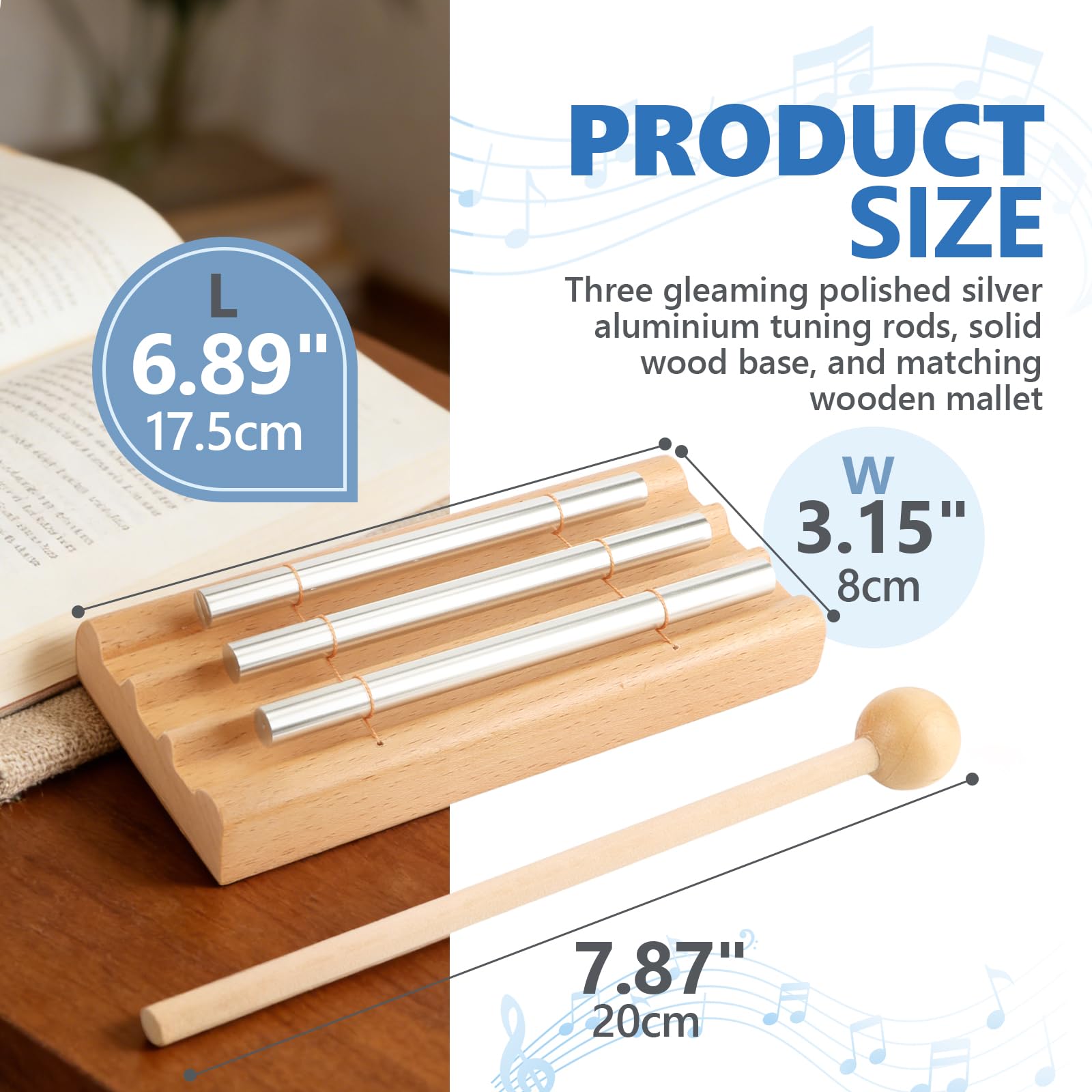 3 Tonos y Campanilla de Madera - Kit Completo de Percusión con Mazo para Educación Musical Temprana, Meditación Relajante y Uso en Aulas - para Profesores, Niños y Terapeutas