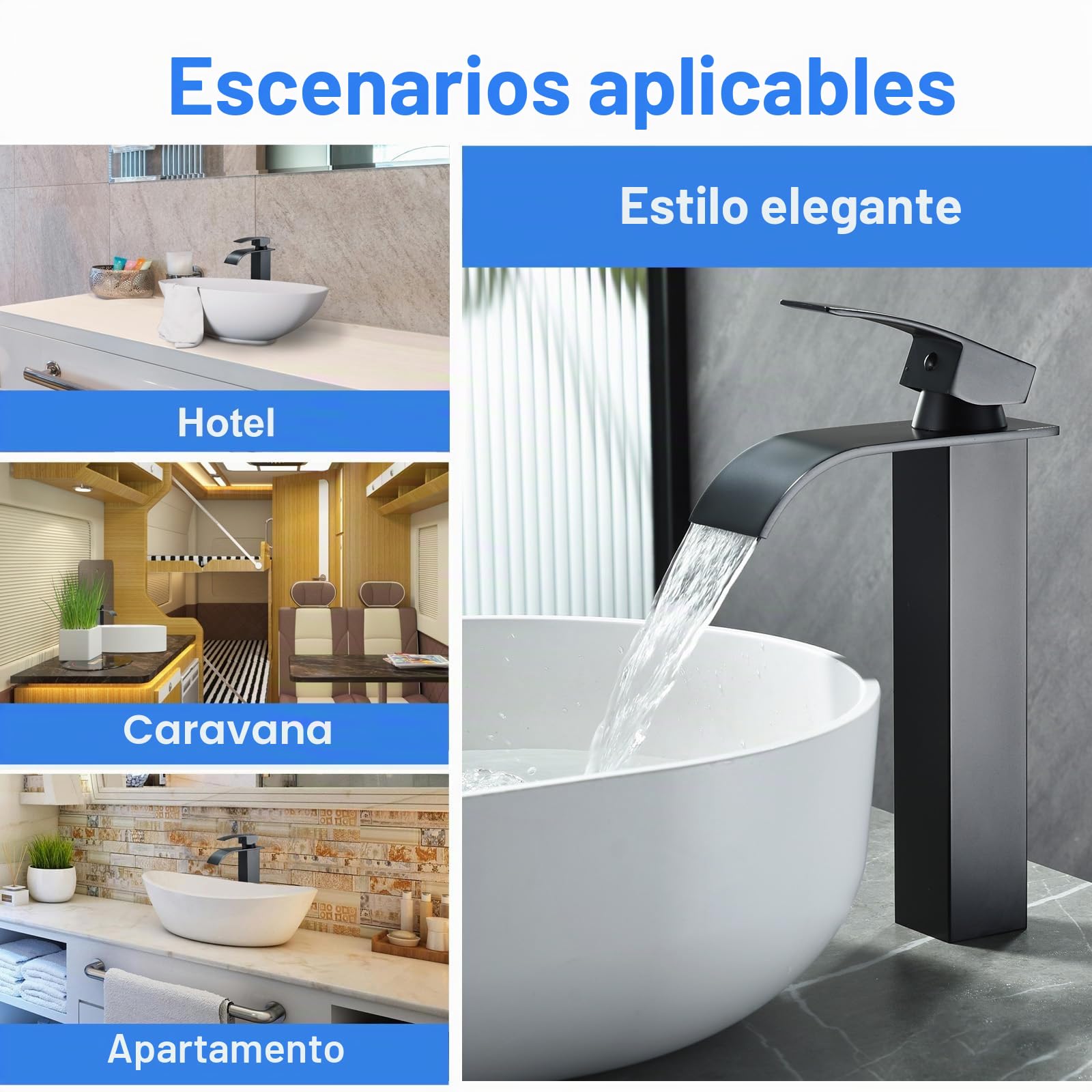 Grifo Lavabo Alto Negro de Baño, Apto Para Lavabos de Pie | Grifo monomando de baño con chorro en cascada, regulación de agua fría y caliente, altura de la salida de agua: 20cm