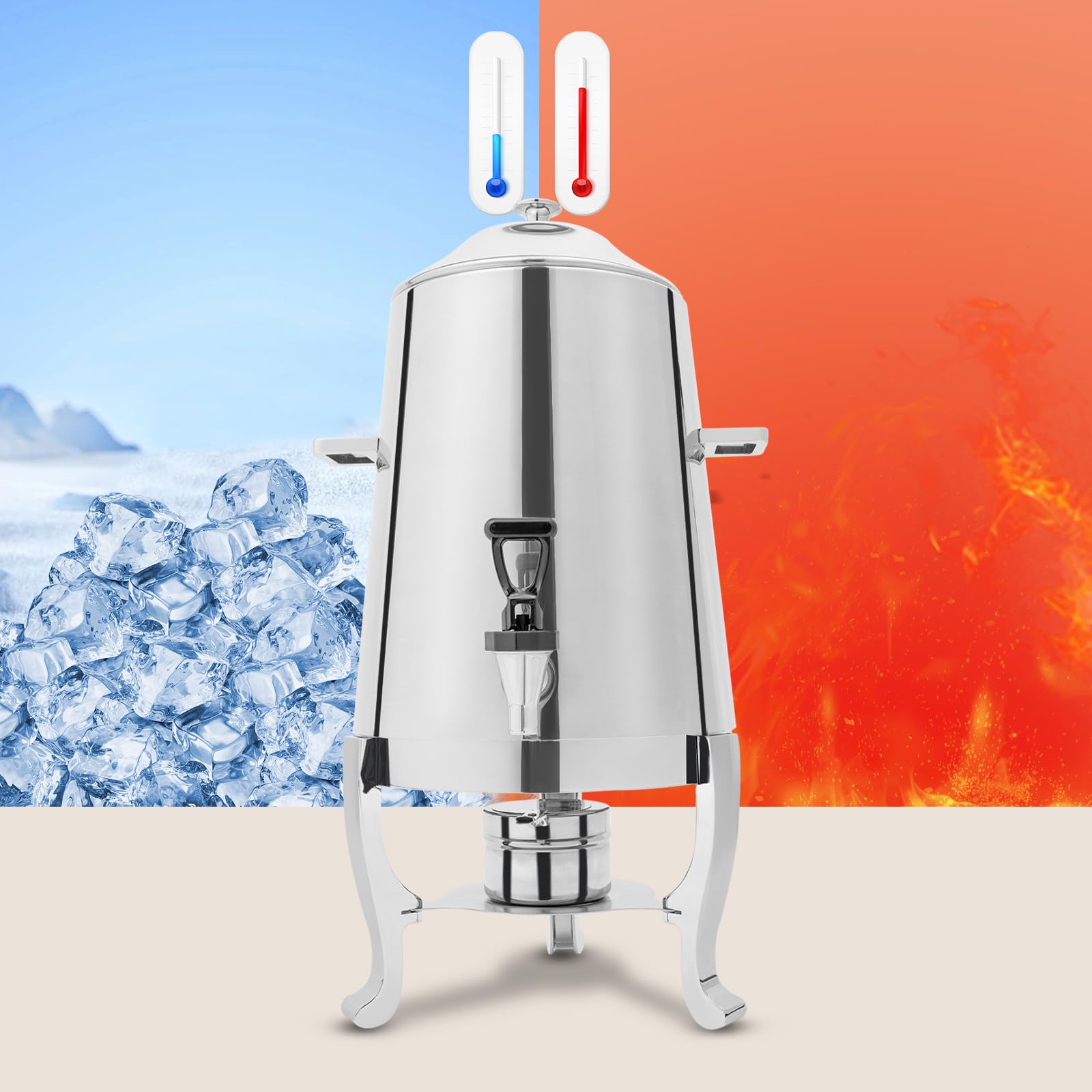 Beverage Dispenser Tabletop Iced Juice Container 13L/3.43gal Drink Insulated Dispenser Stainless Steel Hot Cold Beverage Container Freestanding Dispenser with Base Fuuel Holder (Silver)