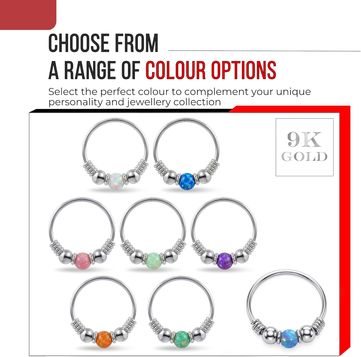 9K Solid White Gold Opal Stone with Double Ball and Spring Coil 22 Gauge (0.6mm) Hoop Nose Ring Piercing Jewelry