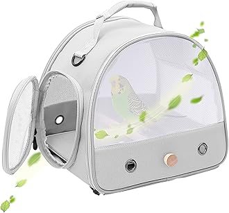 Bird Carrier, Portable Small Bird Parrot Parakeet Carrier with Standing Perch and Soft Support Mat, Side Access Window Collapsible (Grey, Mesh Windows)