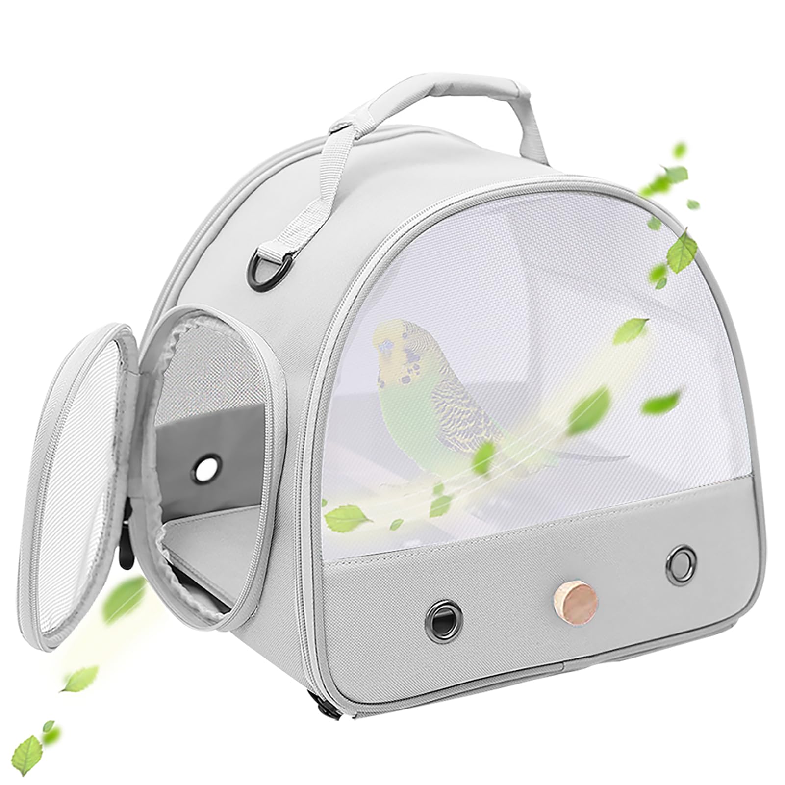 Bird Carrier, Portable Small Bird Parrot Parakeet Carrier with Standing Perch and Soft Support Mat, Side Access Window Collapsible (Grey, Mesh Windows)