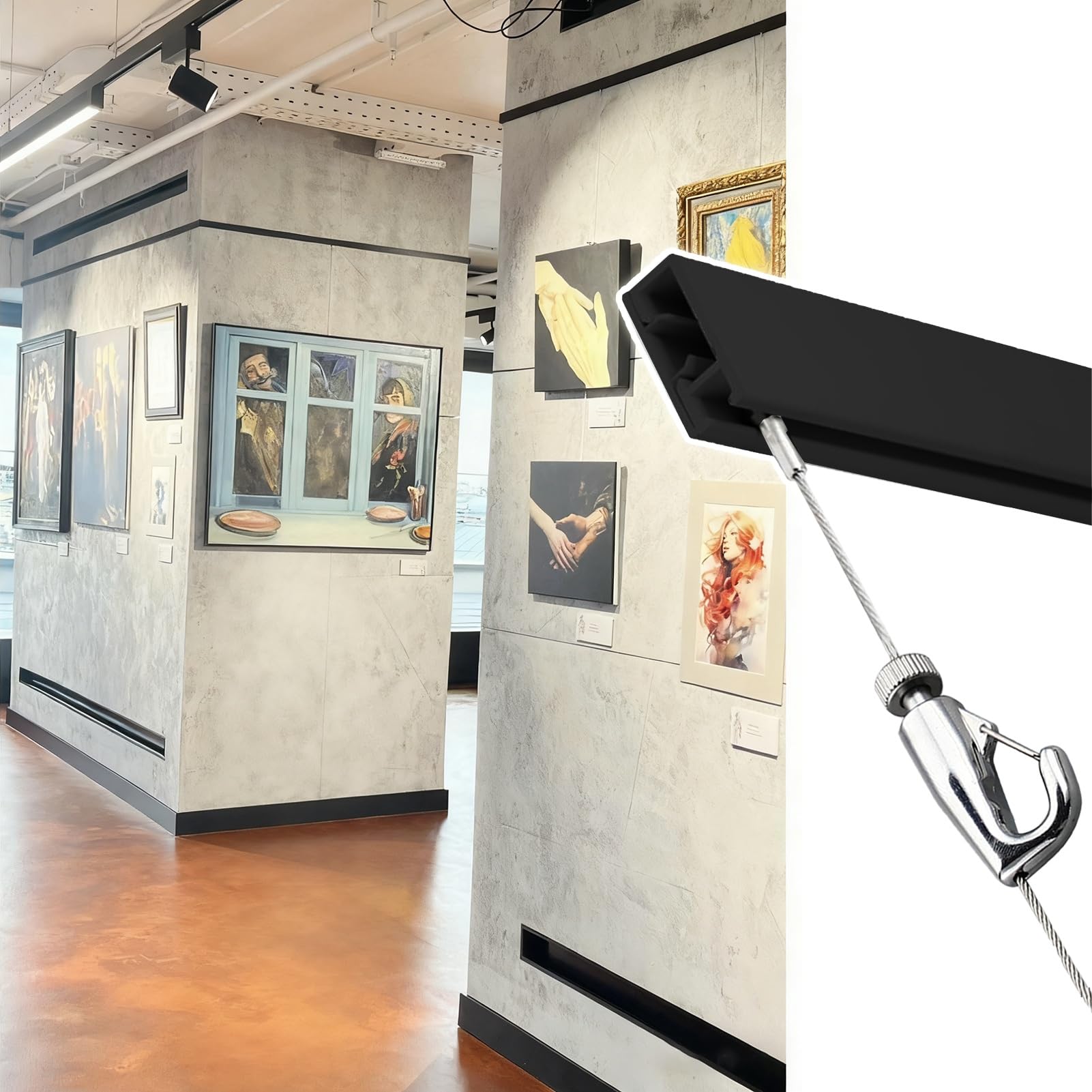 Black Gallery System Picture Rail Art Hanging Kit, Aluminum Wall Track with Adjustable Hooks, Artwork/Mirror Hanging Hardware Complete(8.2'/2.5m Cable,75"/190cm Track)