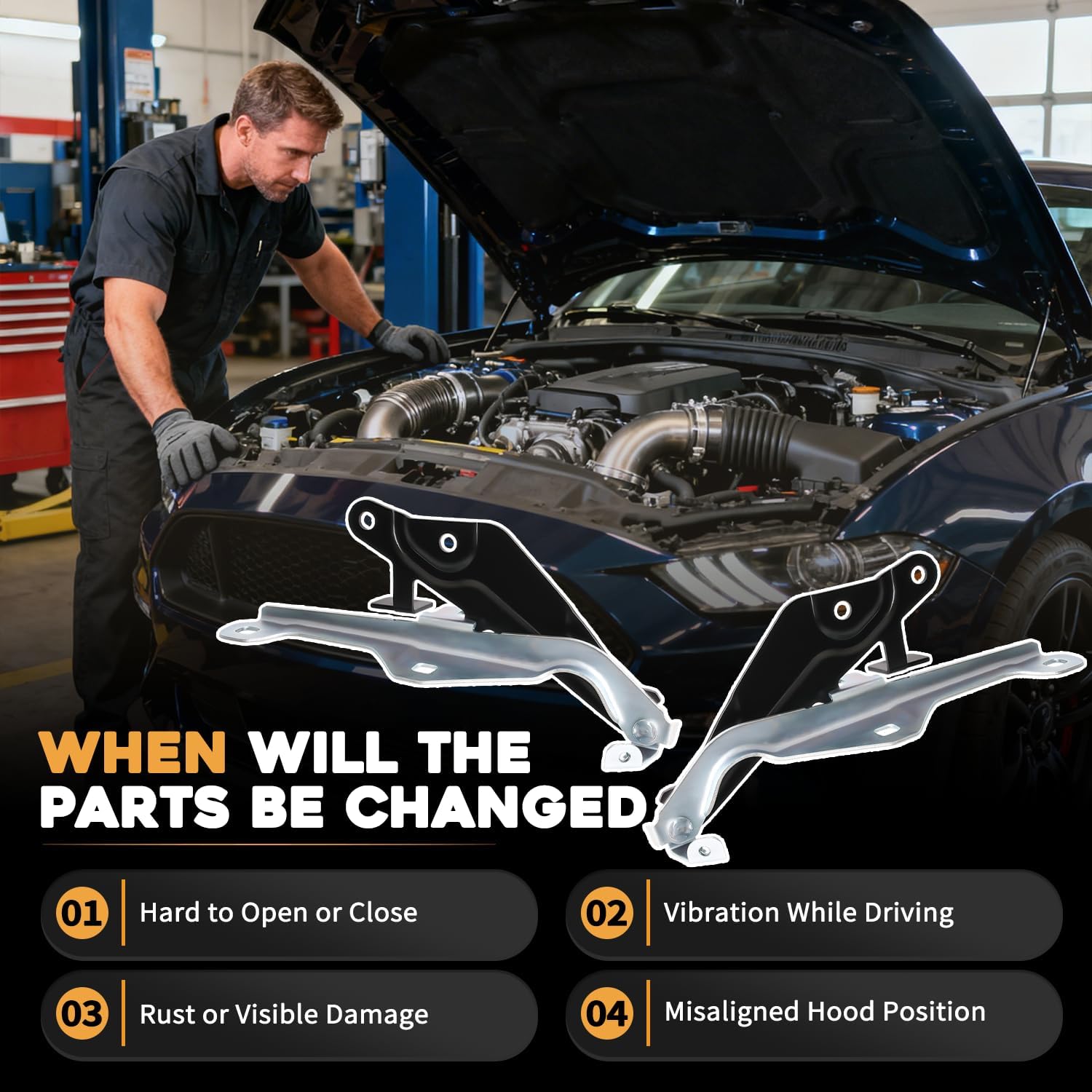 Hood Hinges Left & Right Side Fit For Ford Mustang 2018 2019 2020 2021 2022 2023 Driver & Passenger Side Replaces JR3Z16797A FO1236178 JR3Z16796A FO1236179