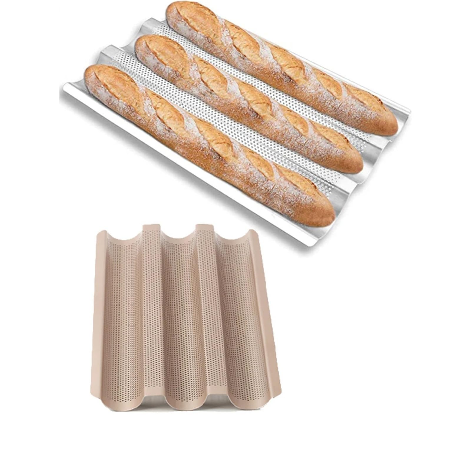 1/2 pieza de molde antiadherente for baguette, for pan francés, bandeja for hornear, herramienta repostería, for, ondulado, palo largo(Nonstick 3 loaf)