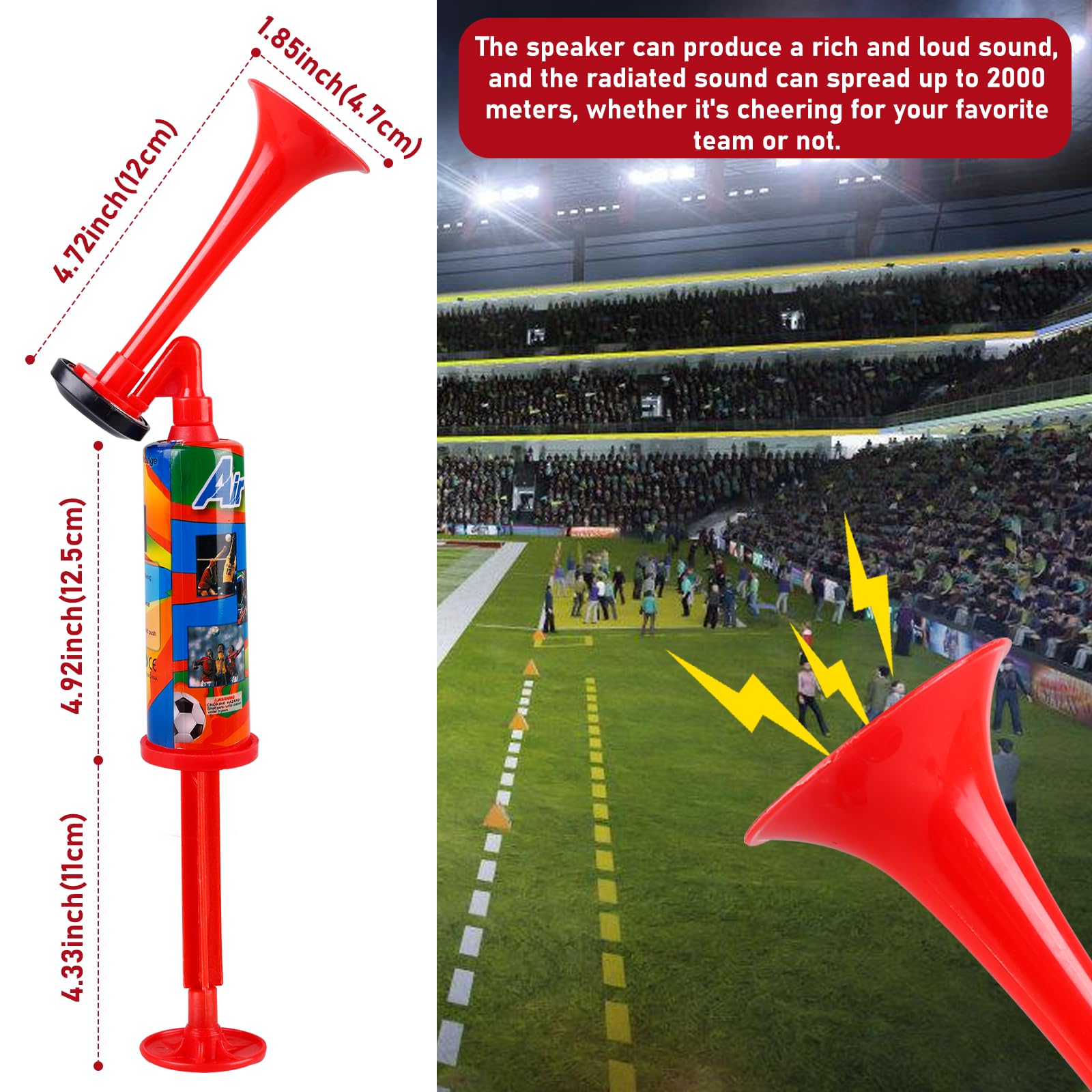 Lot de 2 klaxons à air rouges : klaxon de stade réutilisable - Utilisation polyvalente comme klaxon dans le trafic routier, jeux de football
