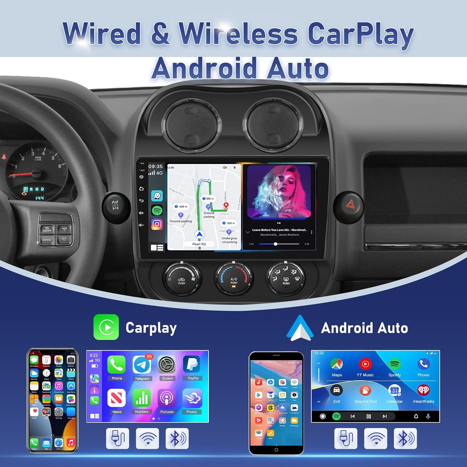 Car Radio for Jeep Compass Patriot 2010-2016, [2+64] 10.1 inch Touchscreen Stereo with Carplay/Android Auto, GPS, WiFi, Bluetooth, SWC, FM/RDS, Mirror Link