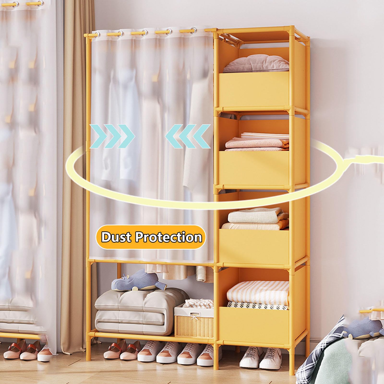 Kleiderschrank Tragbar Garderobenregale, Canvas-Garderobe Für Schlafzimmer, Kleiderschrank Aus Stoff Faltbarer Schrank Für Kleidung, Taschen,Black-Withdoorcurtain