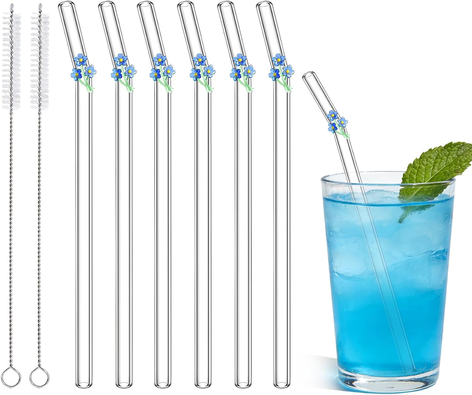 6 Pcs Cute Glass Straws Shatter Resistant with Charms (Sea Animal)