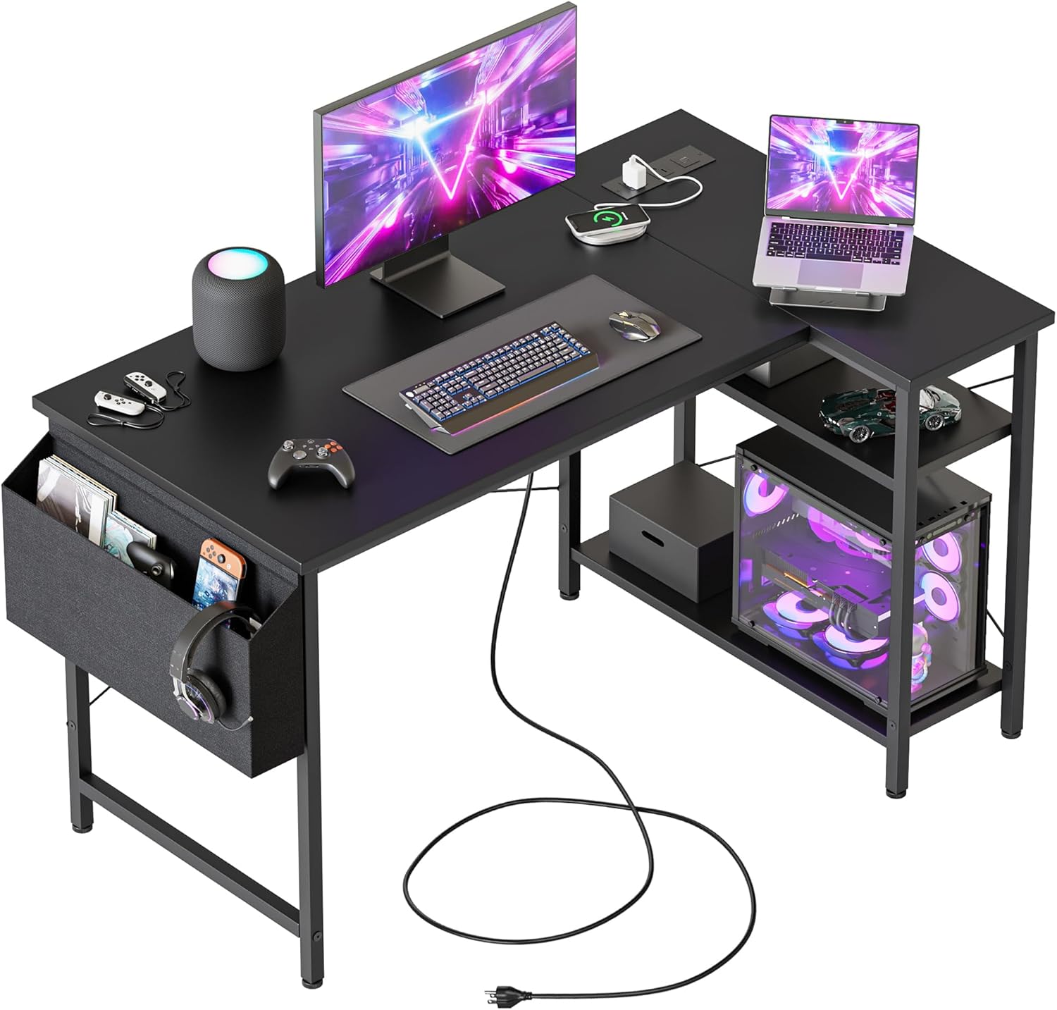 Small L Shaped Computer Desk with Power Outlets, Gaming Desk for Small Spaces, Corner Desk with Reversible Storage Shelves, Study Writing Table for Home Office (Socket, Black, 48 inch) Socket, Black 48 inch