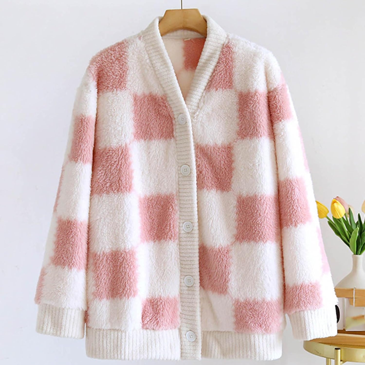 Women Fluffy Pajama Tops Plush Button Down Sleepwear Fuzzy Fleece Jacket Long Sleeve Warm Winter Coat with Pockets