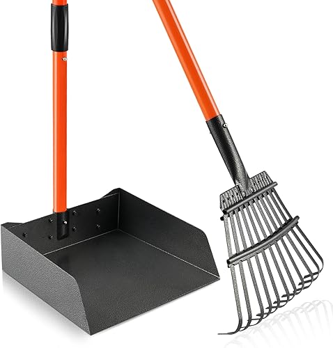 Recogedor de excrementos, desmontable de mango largo con rastrillo y bandeja de metal resistente, recogedor de excrementos duradero para perros