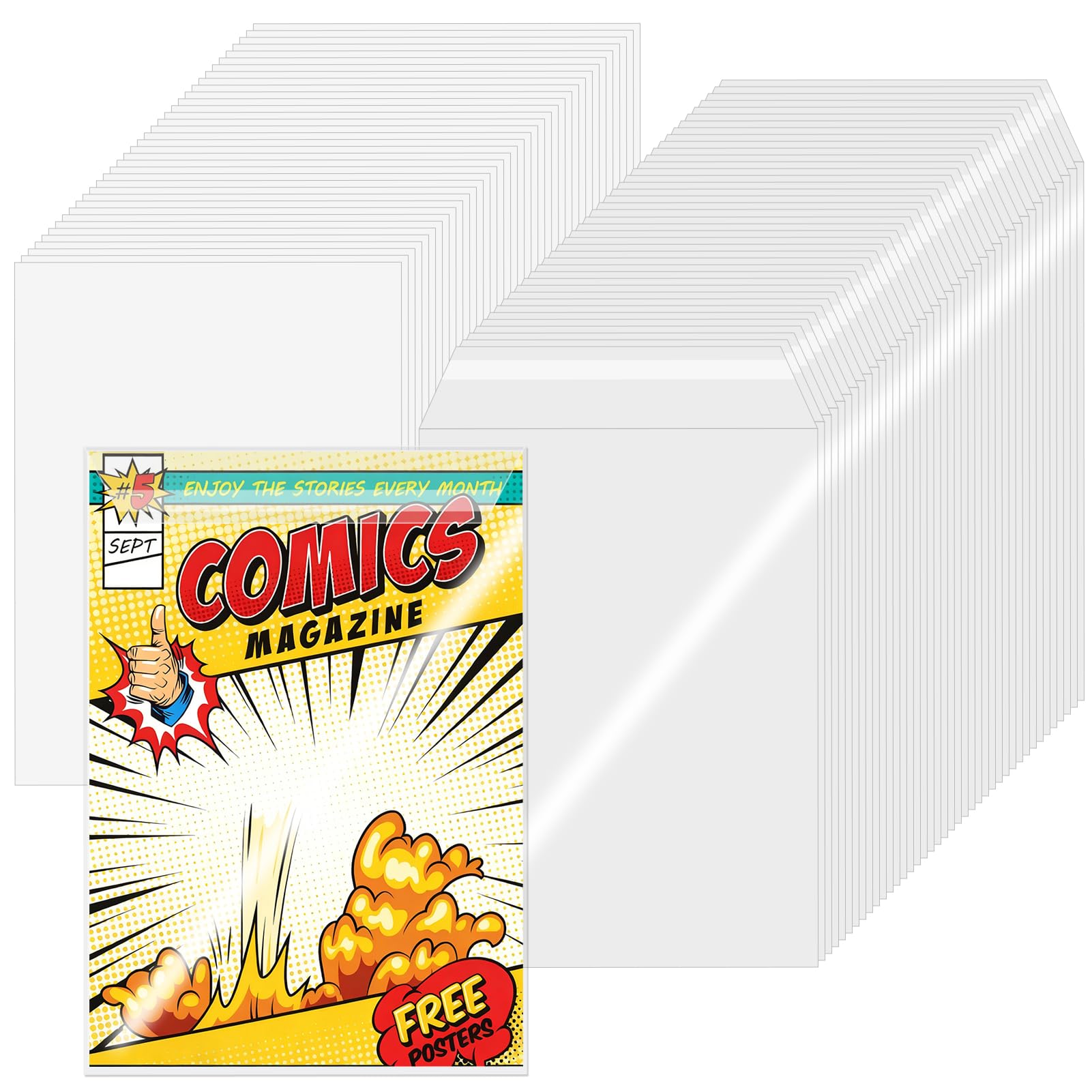 100 Sets Current Size Comic Book Bags and Boards, Reusable Clear Comic Book Sleeves with Double-Sided White Cardboard, Top-Loader Protective Covers for Collectors Comics Storage & Display