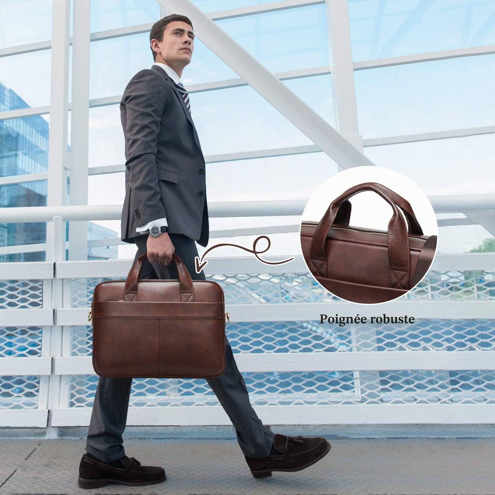 VINBAGGE Sac Business Mallette Homme Cartable Sacs Business en Cuir Véritable 14 Pouces Porte Document Sac de Messager Sac à Bandoulière d'affaires