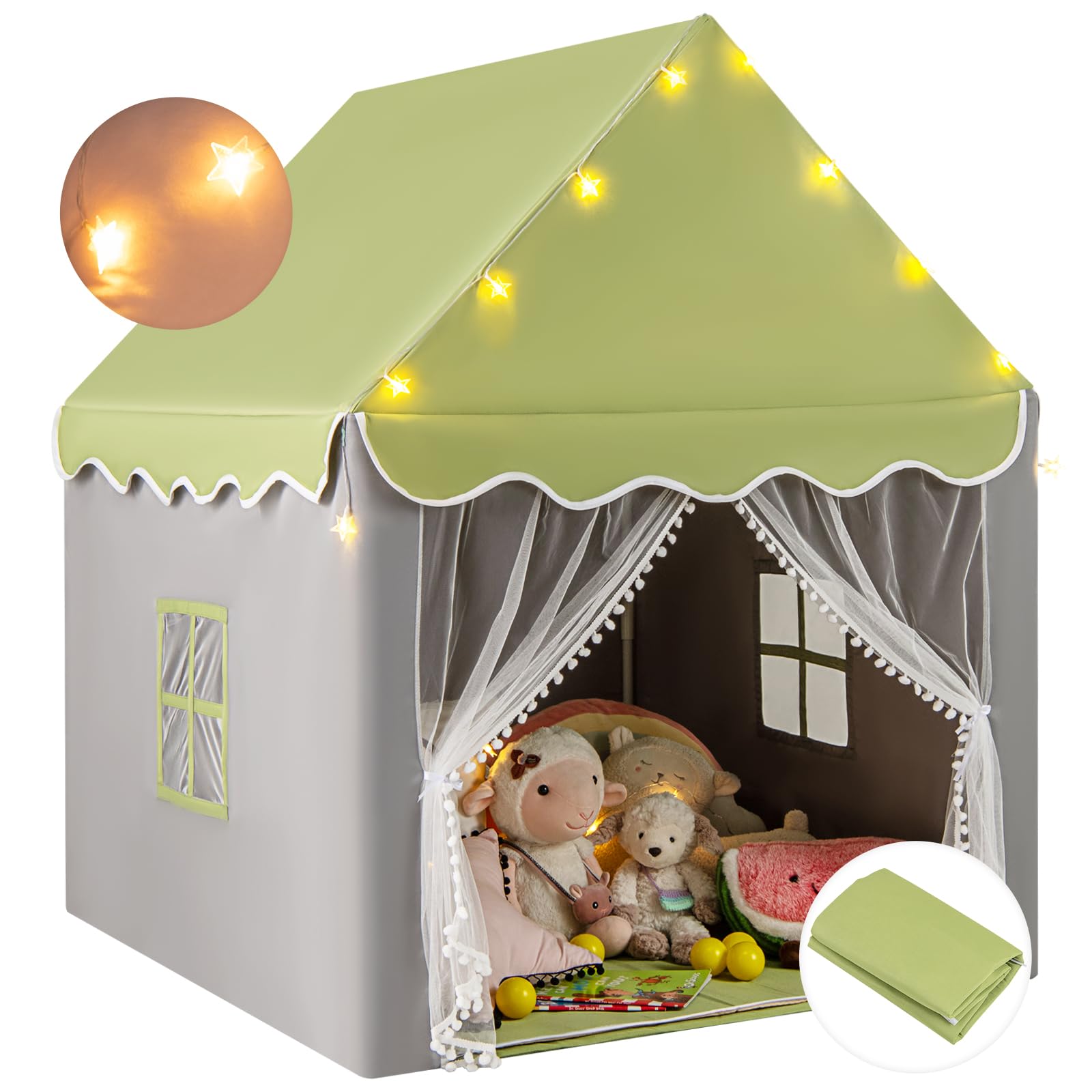 HOMASIS Tienda de campaña Infantil de Interior, Castillo de Juegos con Alfombra Lavable y Luces LED en Forma de Cuerda, Casita con Cortinas y Ventanas, para niños y niñas, 121x105x136cm (Verde)