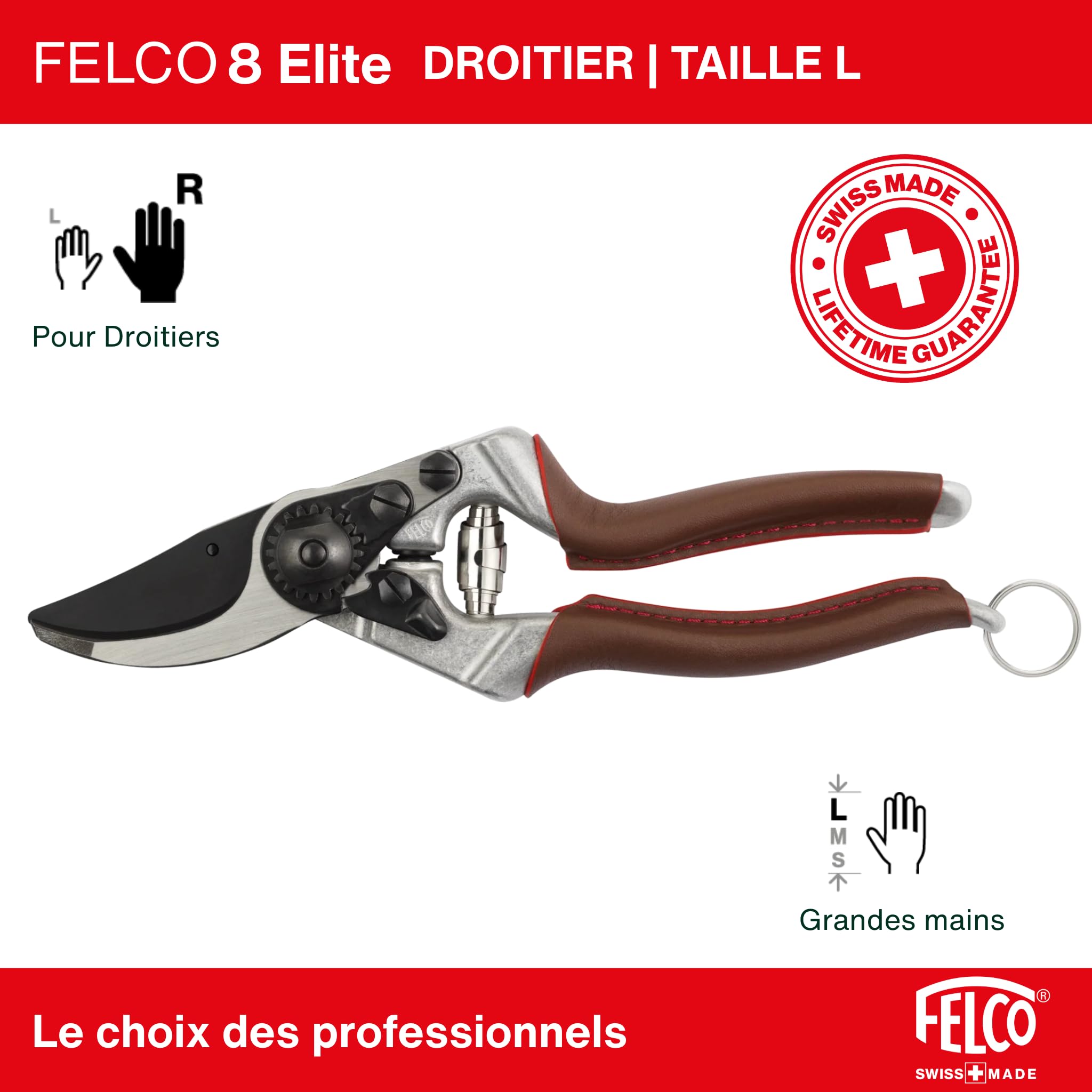 FELCO 8 Elite – Sécateur professionnel droitier pour grandes mains, coupe 25 mm, revêtement F-Tech anti-friction, poignées cuir cousues main, outil ergonomique de taille