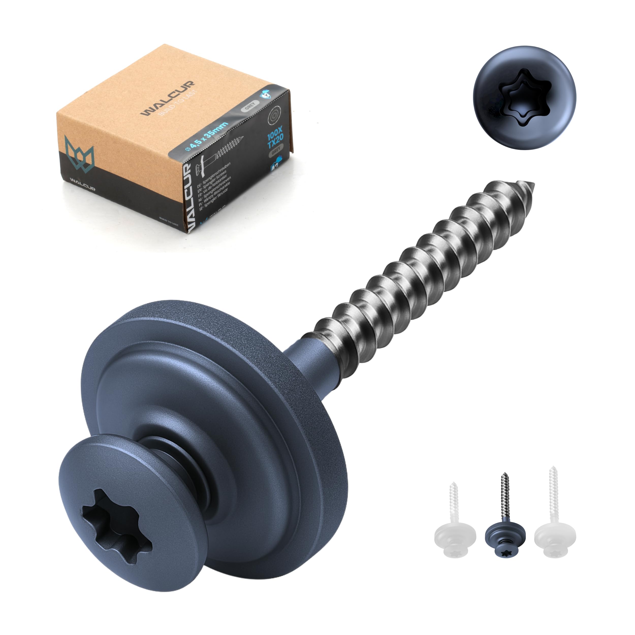WALCUR Tornillos Spengler ø 4.5 x 35 mm Tornillos de Acero Inoxidable Autoperforantes para Tarimas 100 Piezas Tornillos para Techos a Prueba de Fugas con Arandelas de Goma Antracita Gris