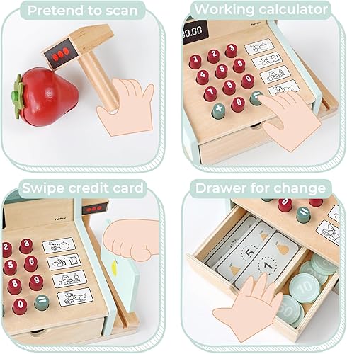 Miniatura 4 de PairPear Caja registradora de juguete de madera, juguetes de conteo de dinero para niños con escáner y tarjeta de crédito, juguete de cajero para