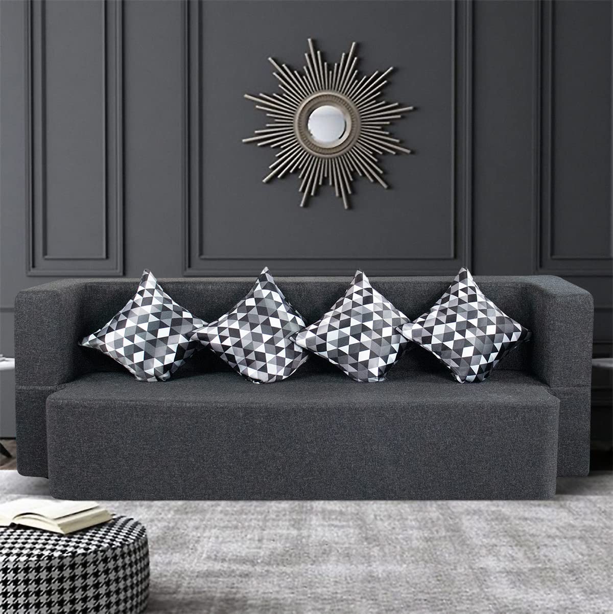 Seventh Heaven 4 Seater Sofa Cum Bed - Jute Fabric Washable Cover with 4 Cushions Double Sofa Bed (Grey, 4 Seater - 78X44X14 (4 Sits, 2 Sleep))
