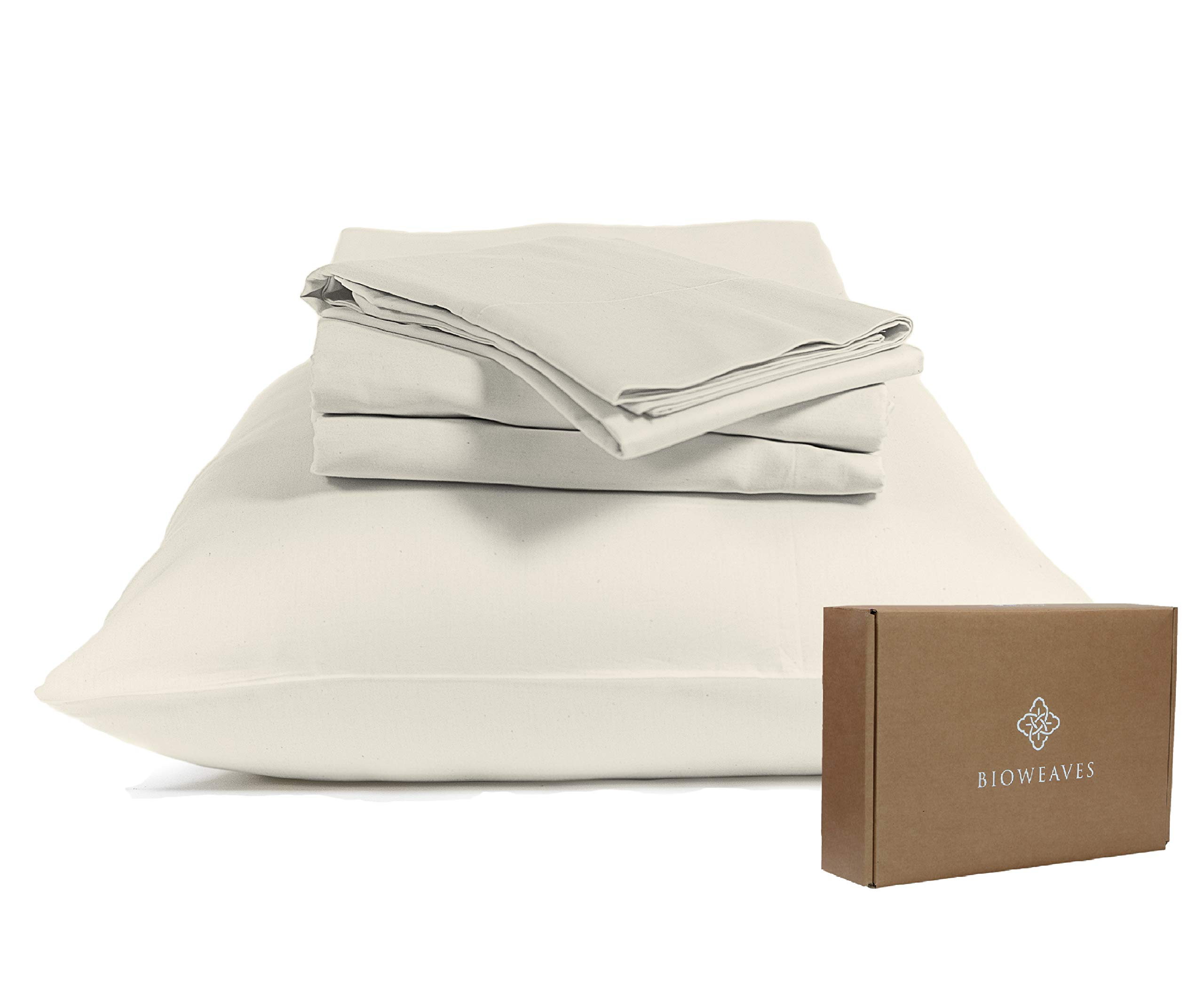 BIOWEAVES 100% Organic Cotton Sheets Queen Sateen Weave - Smooth, Soft & Silky, 300 Thread Count GOTS Certified Organic Sheets Queen with 17” Deep Pockets – 4 Piece Set, Natural
