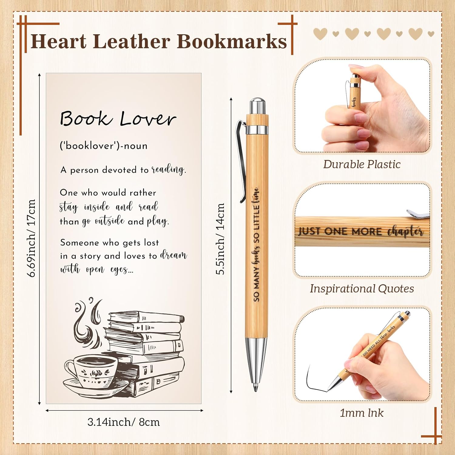 48 Set Book Lover Gifts Bulk Book Club Gift Bamboo Pens with Motivational Paper Cards Leather Heart Bookmarks for Graduation Teachers Student Bookish Worm Reader Librarian