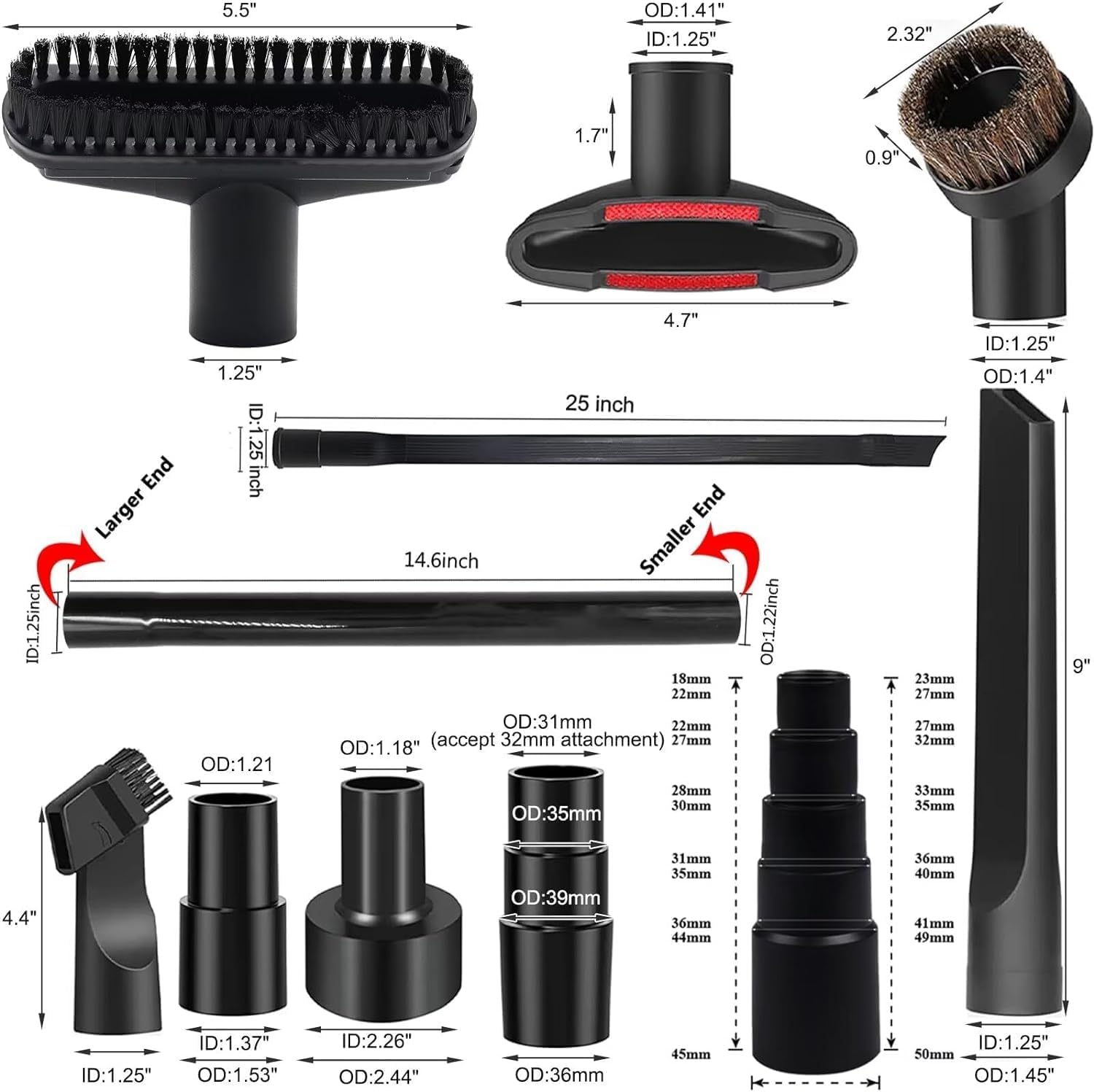 14 Pcs Universal Vacuum Attachments Kit for Shop Vac Accessories Fits 2 1/2", 1 7/8" to 1", 1 3/8 inch, 1 1/4" Hose Adapter Shop Vacuum Cleaner Attachments