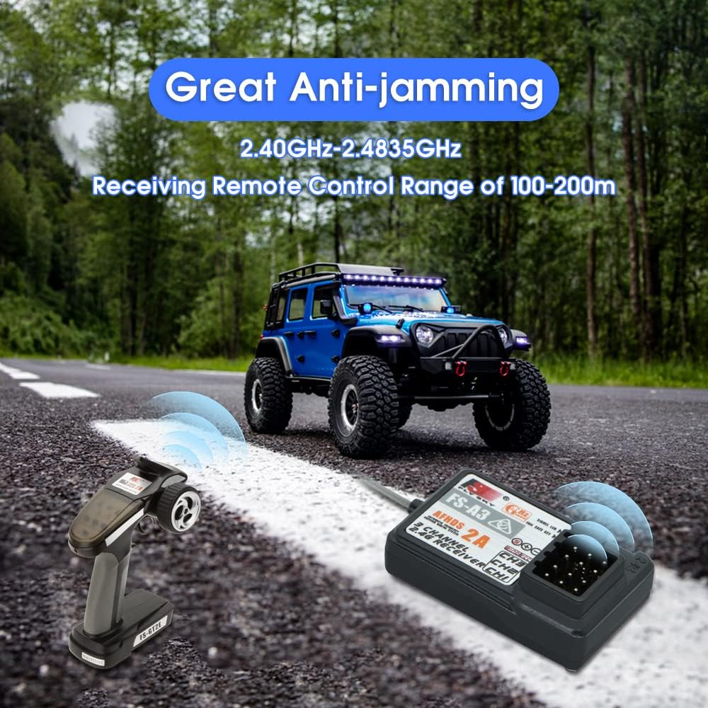 Illustration showing an RC car, a remote control, and the FS-A3 receiver with signal waves, emphasizing its great anti-jamming capabilities within the 2.40GHz-2.4835GHz frequency range.