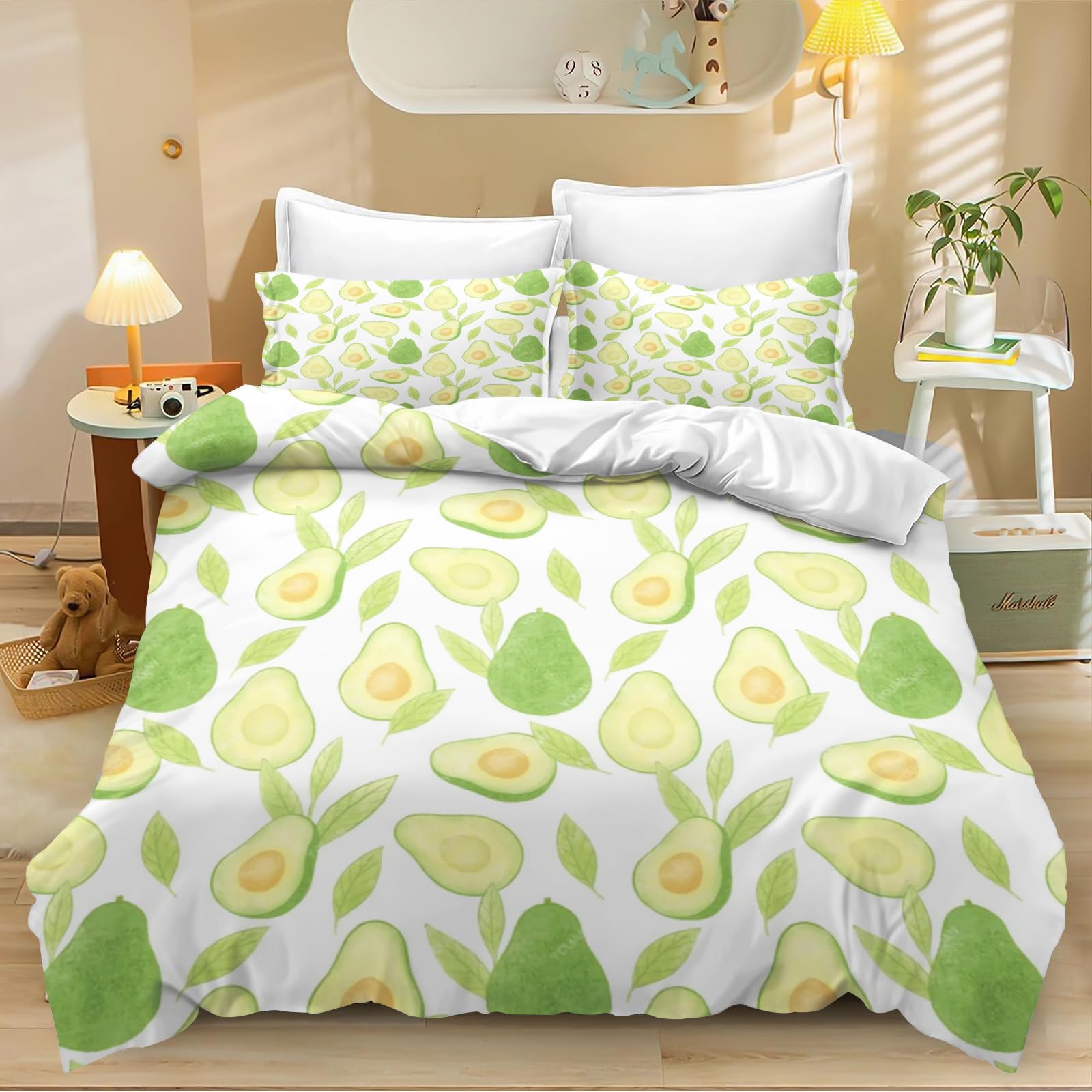 KIDSLOVE Avocado Pościel 135 x 200 cm, wzór z kreskówki, awokado, zestaw pościeli dla dzieci, śliczny awokado, zestaw pościeli z nadrukiem 3D, 100% mikrofibra, awokado (3, 135 x 200 cm, 50 x 75 x 1)