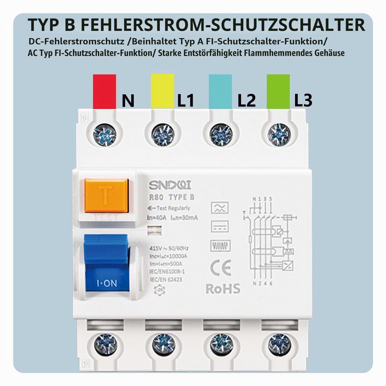 Fi Typ B, 63A 30mA FI Schutzschalter Fi Schalter 4 Polig Typ B | Fi Schutzschalter Typ B DC Allstromintensiver Fehlstromschalter DIN-Schienen Montage passend für Wallboxen & Ladestationen