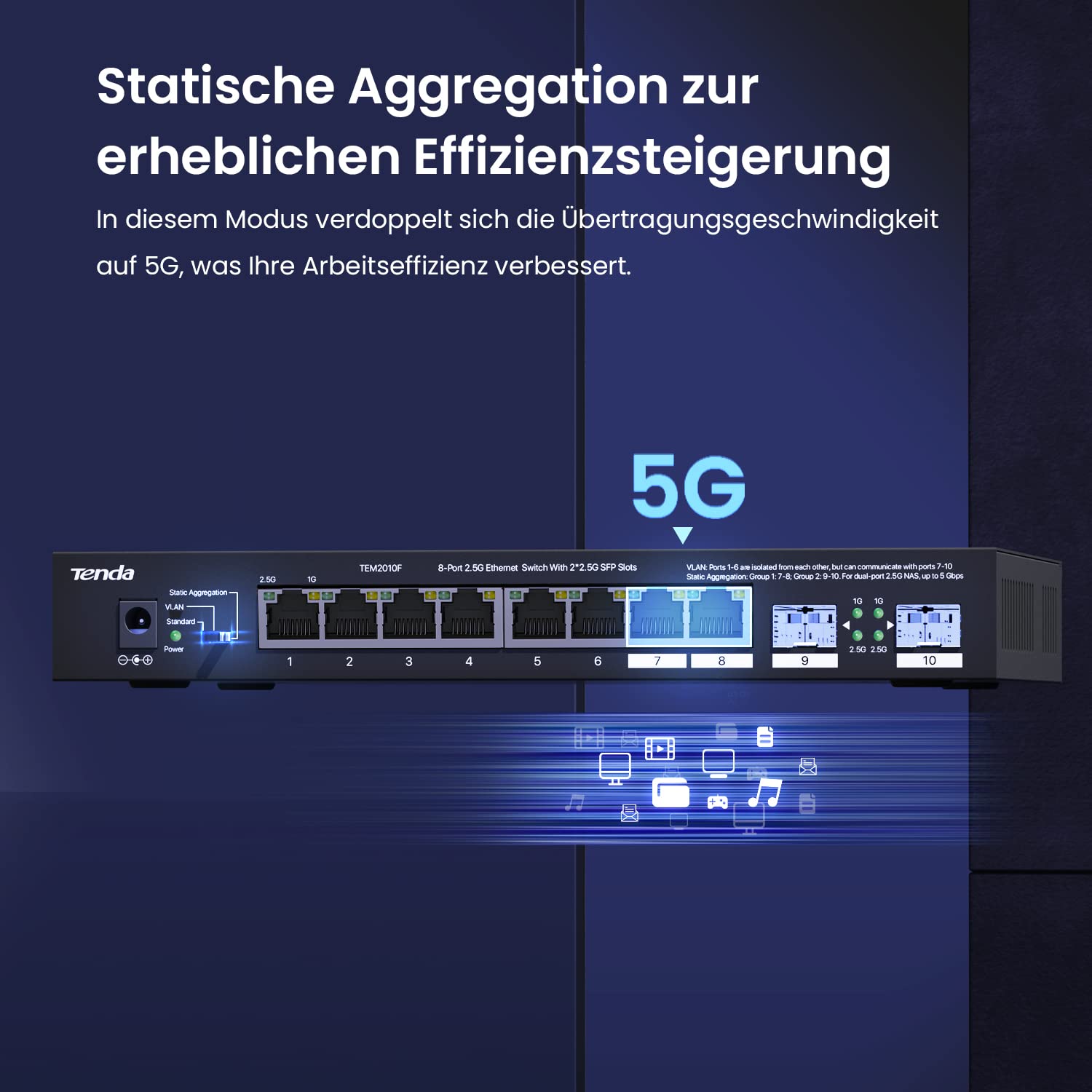 Tenda 2.5 Gbit Switch 8-Port Unmanaged 2.5G Netzwerk Switch mit 2 SFP-Ports (VLAN, Statische Aggregation, Plug & Play, Desktop-/Wandmontage, Metallgehäuse)(TEM2010F)