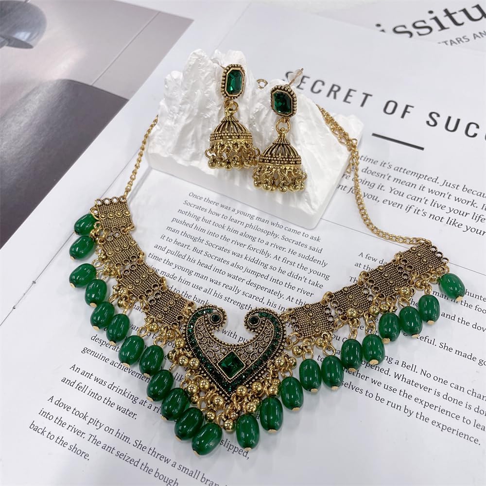 NewZenro Indian Jhumka Beaded Tassel Dangle Drop Earrings Heart Love Pendant Choker Necklace Set Adjustable Chain for Women Gold Plated Bollywood Traditional Fashion Jewelry for Her - Image 3