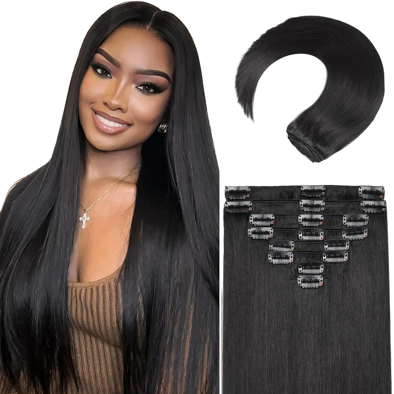Clip in Hair Extensions Real Human Hair, 20 Inch 105g/3.7oz, 1B Natural Black, Invisible Seamless Straight Remy Human Hair Clip in Extensions for Women 8pcs Per Set with Double Weft