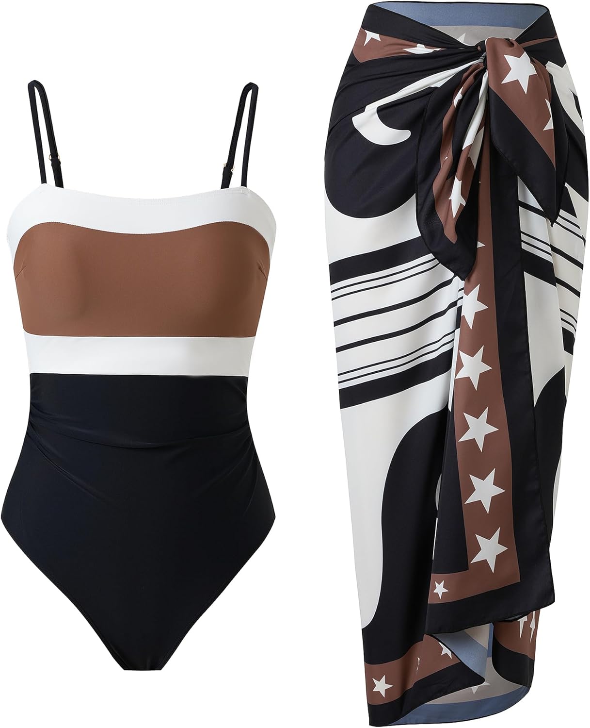 Women’s One Piece Swimsuit with Cover Up Set Skirt Retro 2 Piece Bathing Suit Swimwear