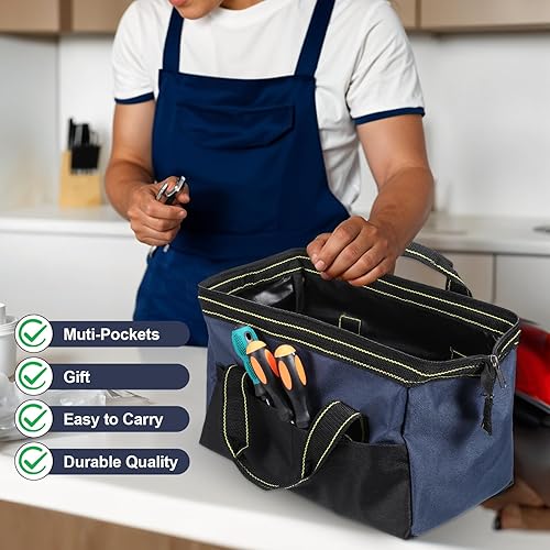 Miniatura 4 de Paquete de 3 bolsas de herramientas de boca ancha, organizador de herramientas eléctricas impermeables de 13 pulgadas, bolsa de taladro resistente,