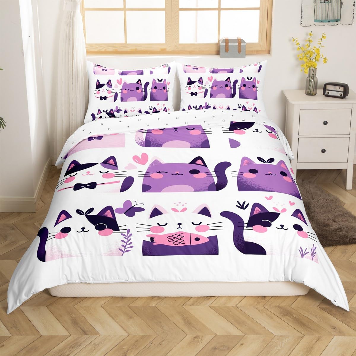 jejeloiu Cartoon Cat Duvet Cover Toddler Size Cats Print Bedding Set for Kids Boys Girls Cute Kitten Comforter Cover Breathable Soft Lightweight Microfiber Kawaii Cat Animal Bedroom Decor,No Comforter