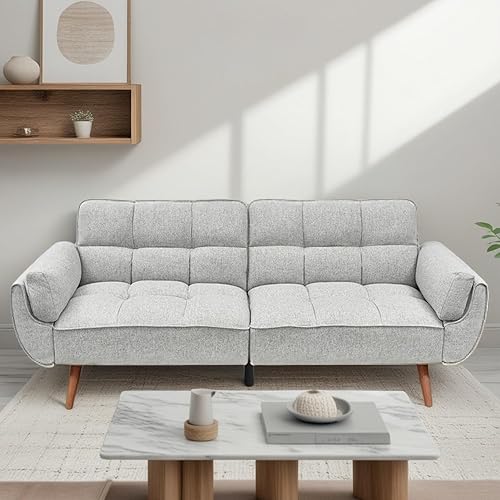 Convertible Futon Sofa Bed, Modern Futon Couch with 2 Pillows, Small Futons Couch with Adjustable Armrest & Backrest, Loveseat Sofa Bed for Living Room, Bedroom, Gray