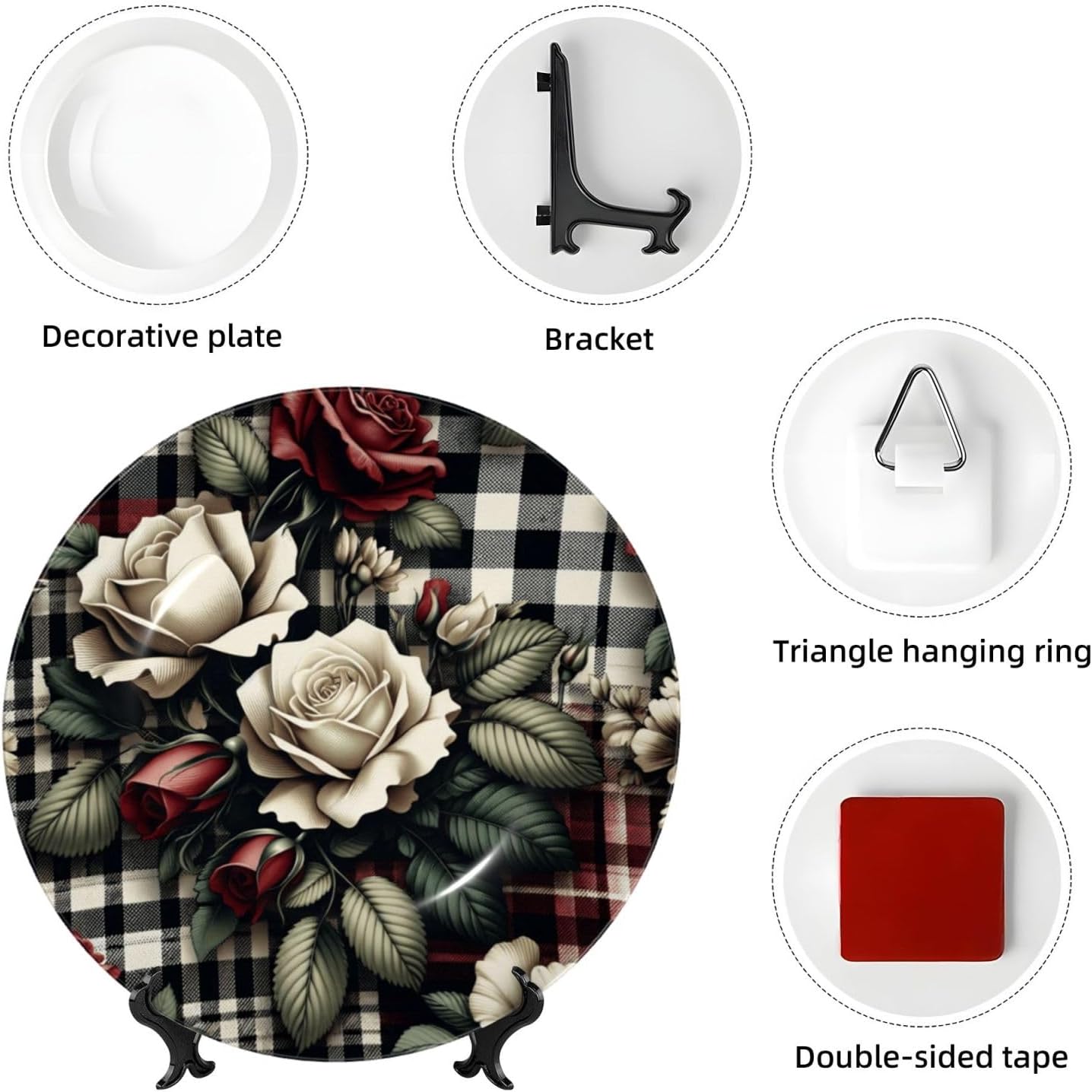 Roses-Plaid-Pattern 10 Inch Decorative Plate With Stand, Elegant Display Wall Plate For Home Decor